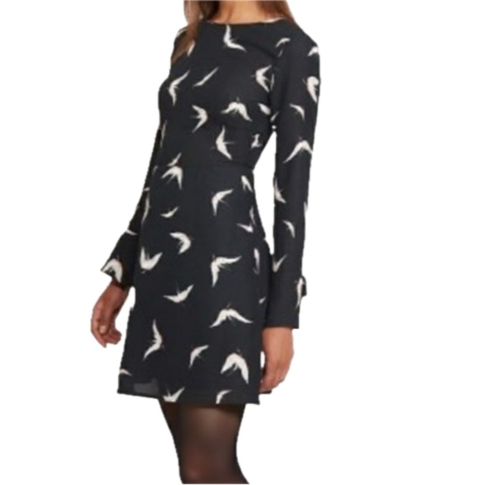 Black Fit & Flare Mini Dress Bird Print Medium Square Neck EUC